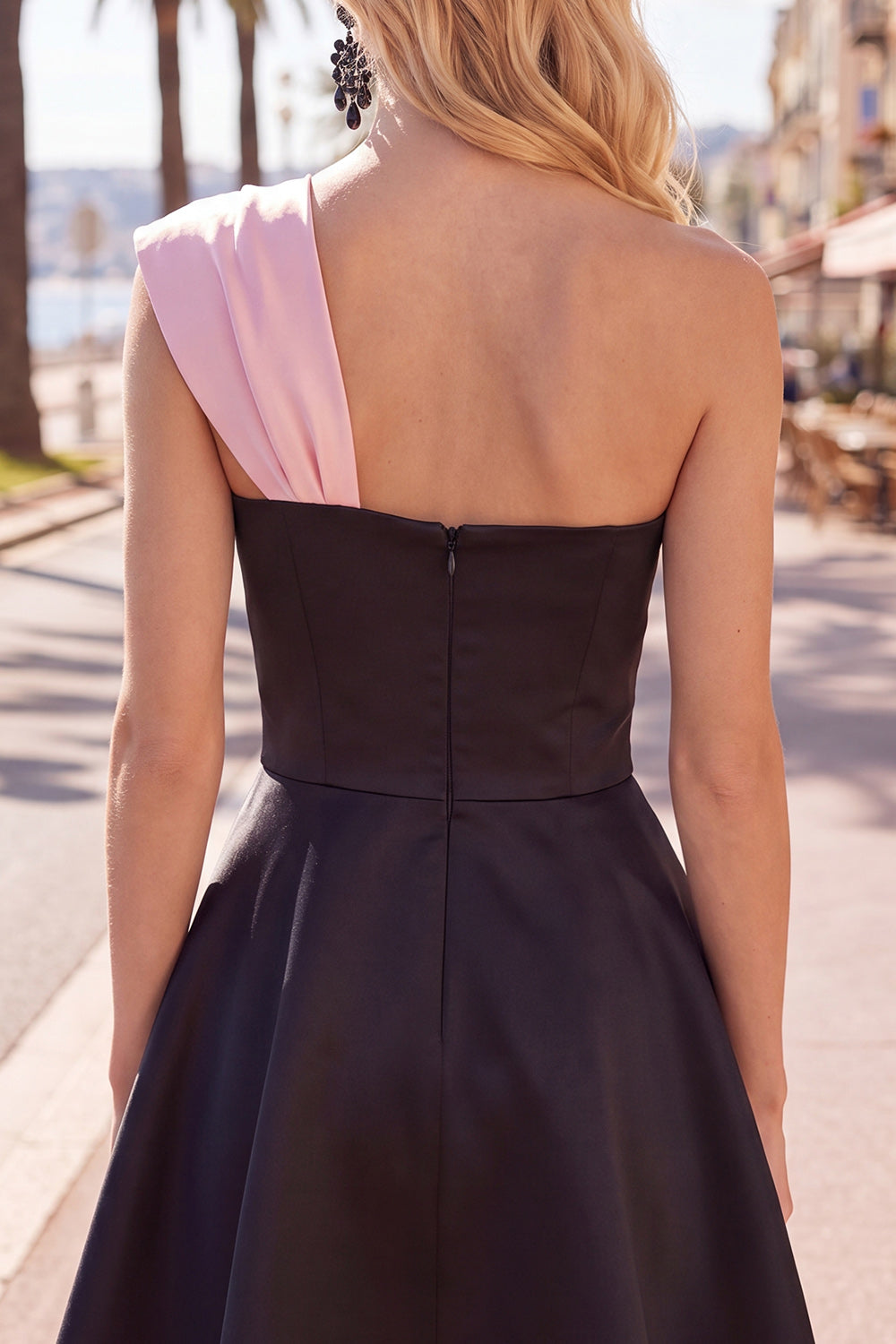 Black Pink A Line Short One Shoulder Beaded Homecoming Dress with Bow