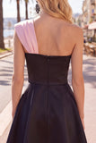 Black Pink A Line Short One Shoulder Beaded Homecoming Dress with Bow