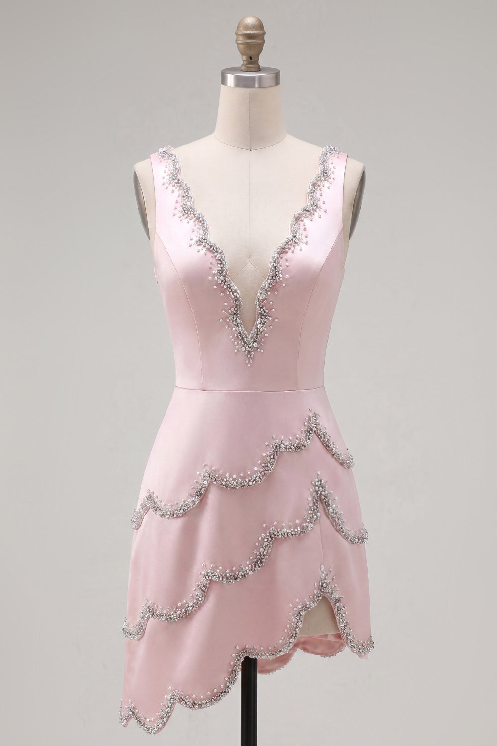 Sparkly Pink Tight Short V-Neck Homecoming Dress with Beading