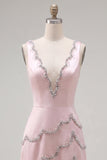 Sparkly Pink Tight Short V-Neck Homecoming Dress with Beading