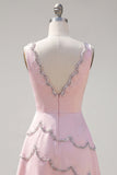 Sparkly Pink Tight Short V-Neck Homecoming Dress with Beading