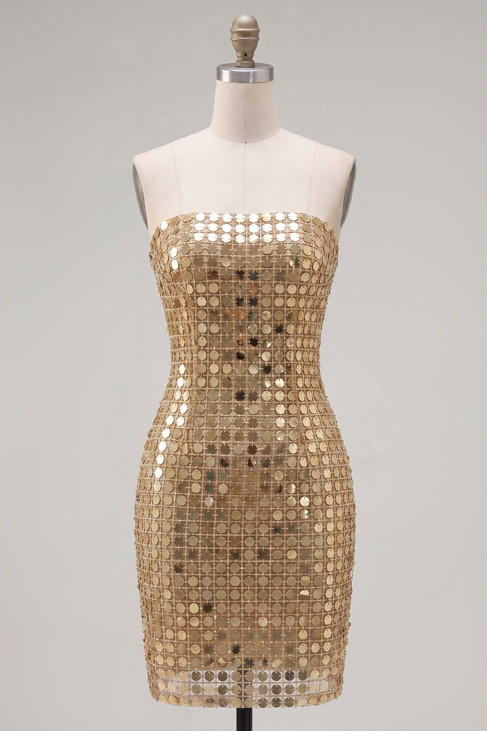 Sparkly Golden Tight Short Beaded Strapless Homecoming Dress