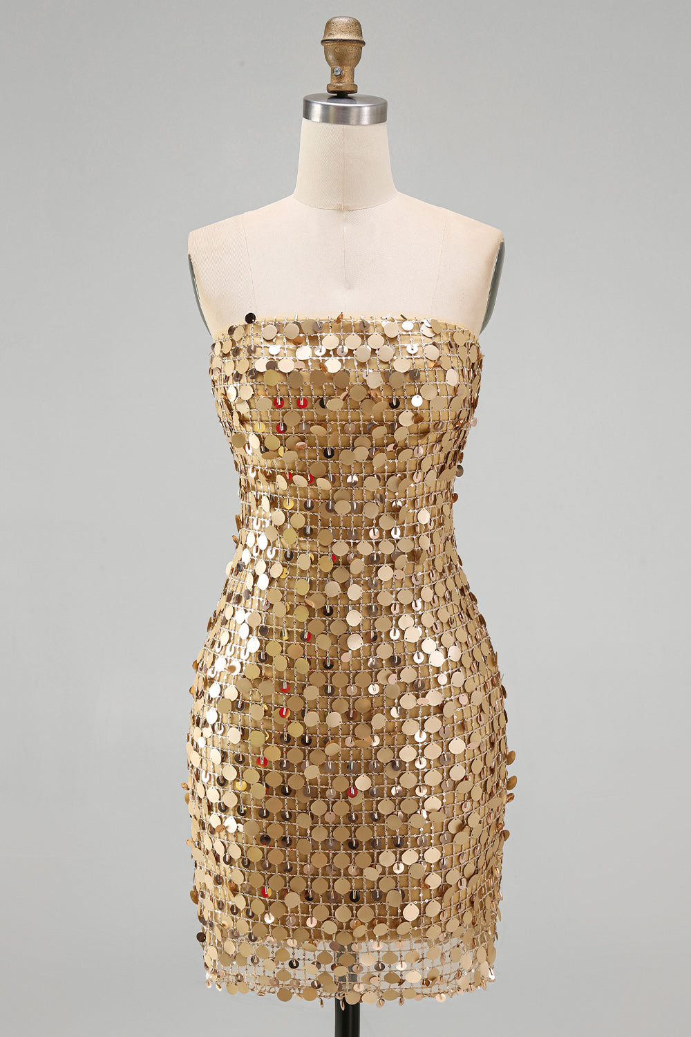 Sparkly Golden Tight Short Beaded Strapless Homecoming Dress