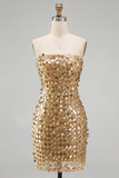Sparkly Golden Tight Short Beaded Strapless Homecoming Dress