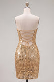 Sparkly Golden Tight Short Beaded Strapless Homecoming Dress