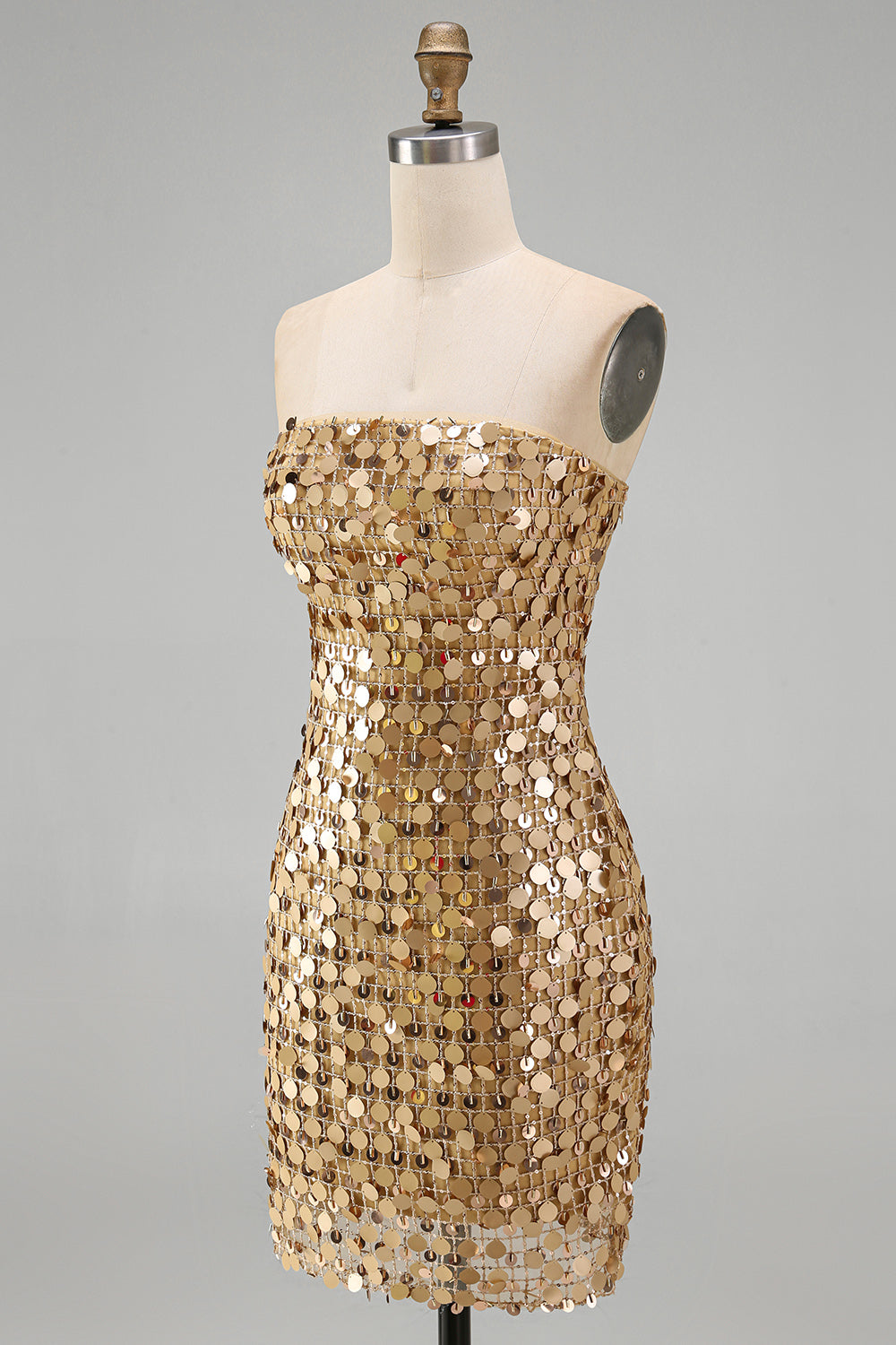 Sparkly Golden Tight Short Beaded Strapless Homecoming Dress