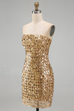 Sparkly Golden Tight Short Beaded Strapless Homecoming Dress