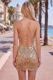 Sparkly Golden Tight Short Beaded Strapless Homecoming Dress