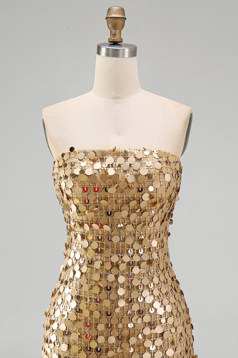 Sparkly Golden Tight Short Beaded Strapless Homecoming Dress