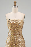 Sparkly Golden Tight Short Beaded Strapless Homecoming Dress