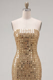 Sparkly Golden Tight Short Beaded Strapless Homecoming Dress