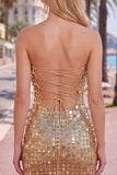 Sparkly Golden Tight Short Beaded Strapless Homecoming Dress