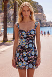 Sparkly Yellow Floral Tight Short Beaded Homecoming Dress