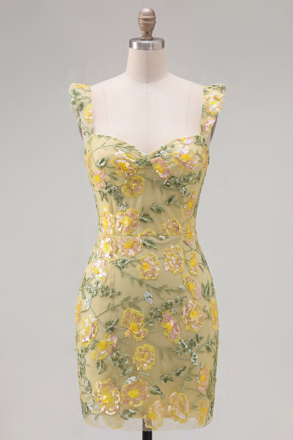 Sparkly Yellow Floral Tight Short Beaded Homecoming Dress