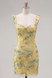 Sparkly Yellow Floral Tight Short Beaded Homecoming Dress