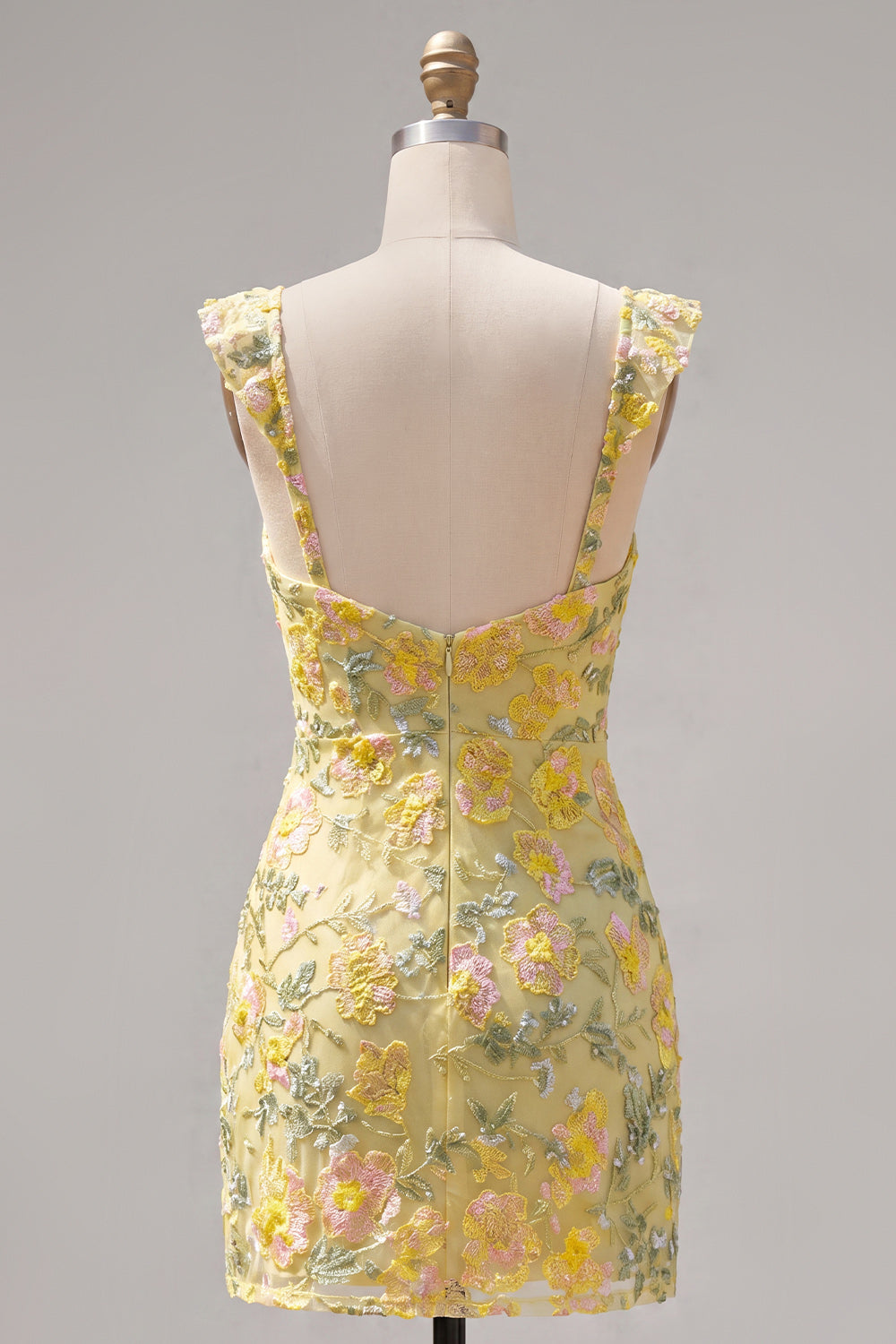 Sparkly Yellow Floral Tight Short Beaded Homecoming Dress