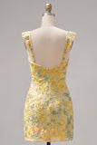 Sparkly Yellow Floral Tight Short Beaded Homecoming Dress