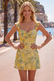 Sparkly Yellow Floral Tight Short Beaded Homecoming Dress