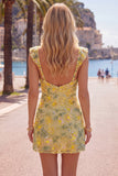 Sparkly Yellow Floral Tight Short Beaded Homecoming Dress