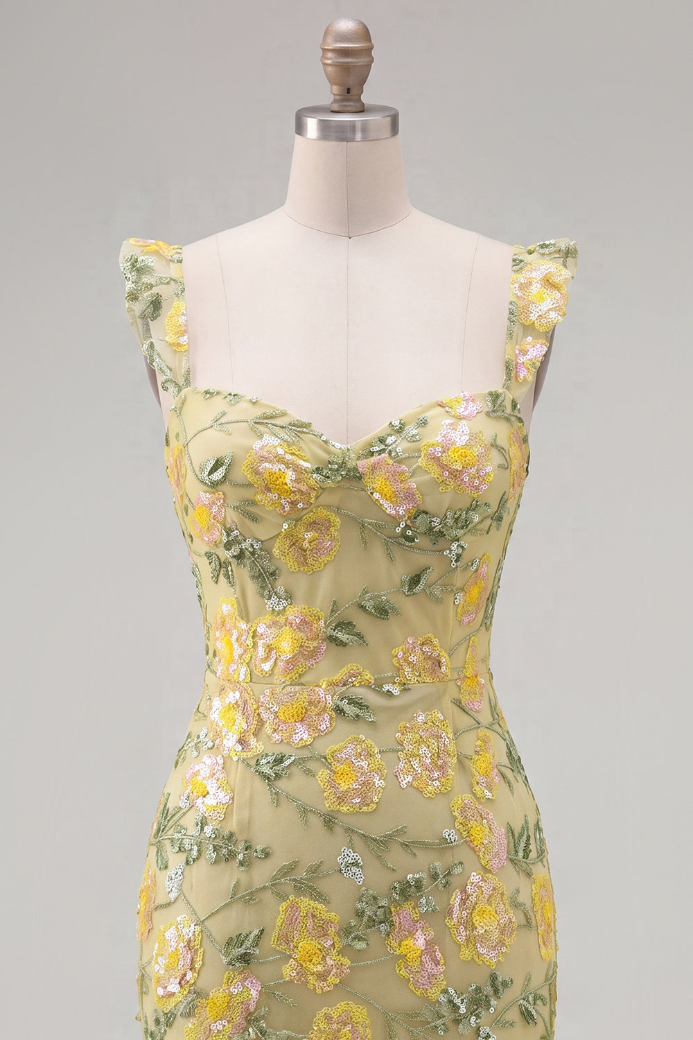 Sparkly Yellow Floral Tight Short Beaded Homecoming Dress
