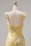 Sparkly Yellow Floral Tight Short Beaded Homecoming Dress