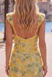 Sparkly Yellow Floral Tight Short Beaded Homecoming Dress