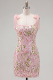 Tight Short Beaded Sparkly Pink Floral Homecoming Dress with Bows
