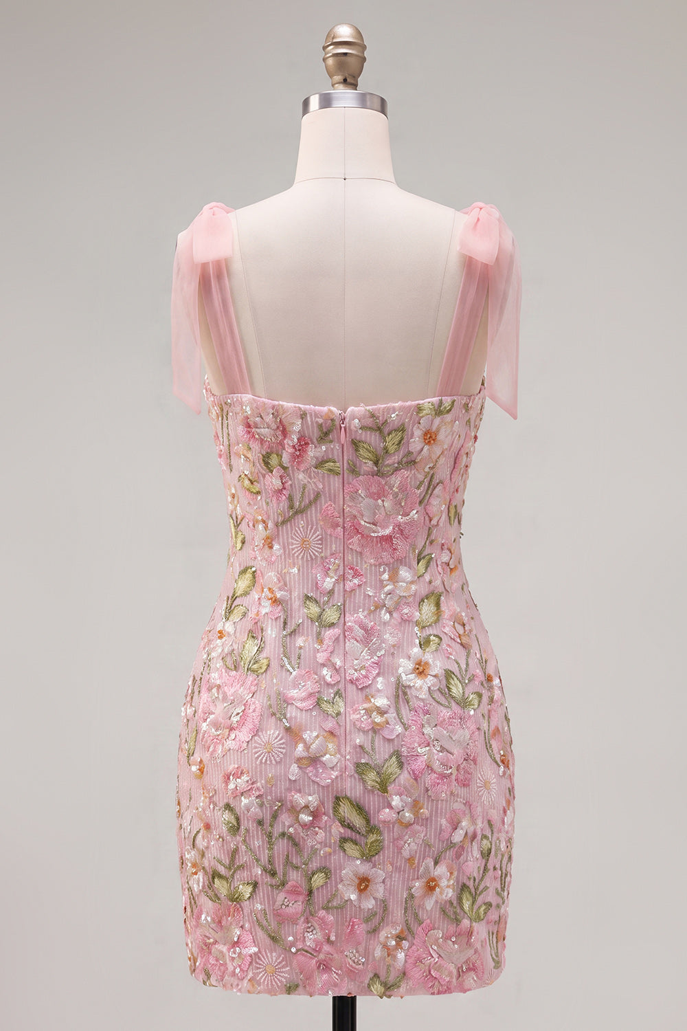Tight Short Beaded Sparkly Pink Floral Homecoming Dress with Bows