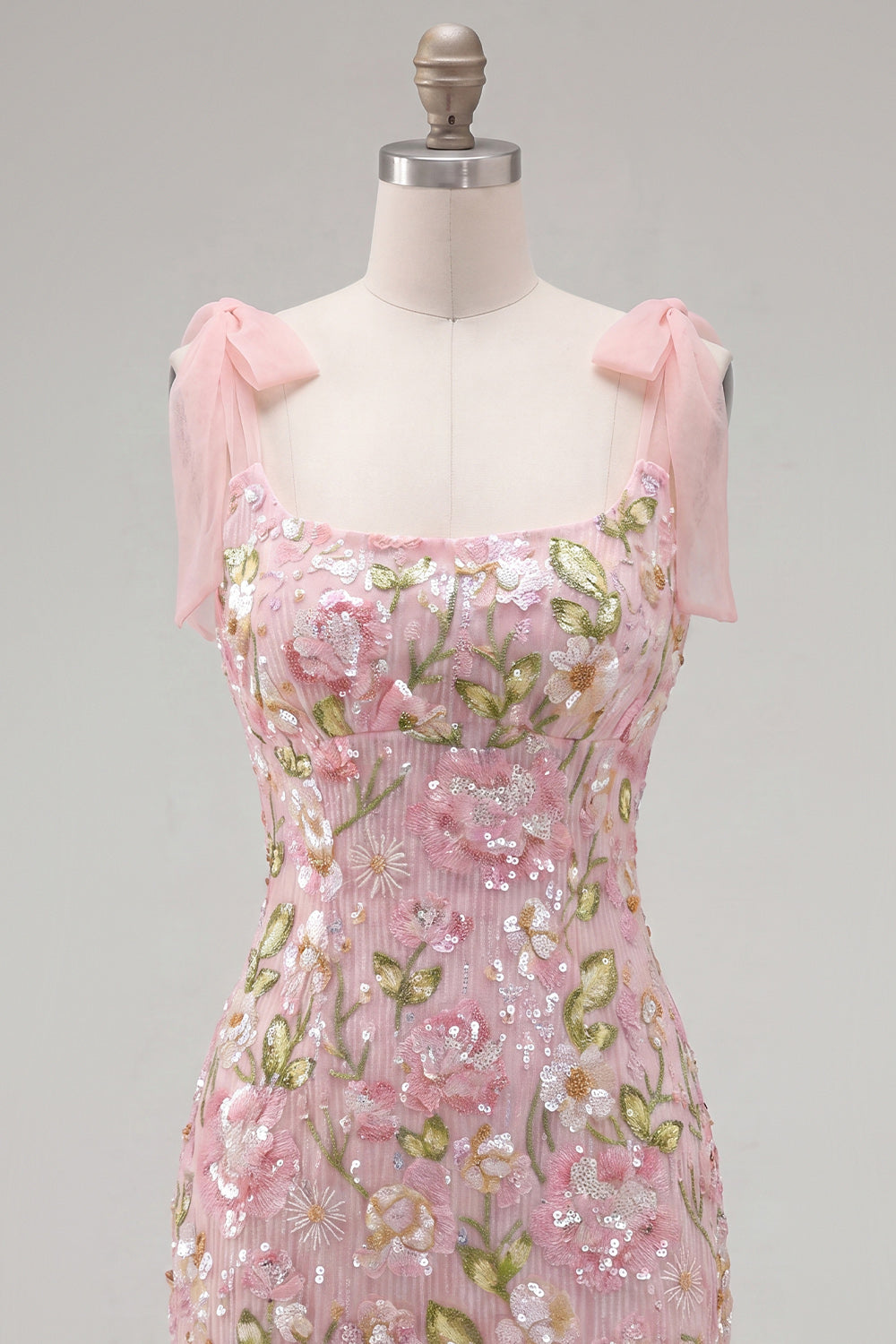 Tight Short Beaded Sparkly Pink Floral Homecoming Dress with Bows