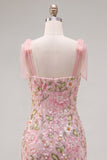 Tight Short Beaded Sparkly Pink Floral Homecoming Dress with Bows