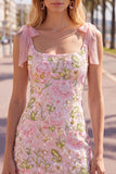Tight Short Beaded Sparkly Pink Floral Homecoming Dress with Bows