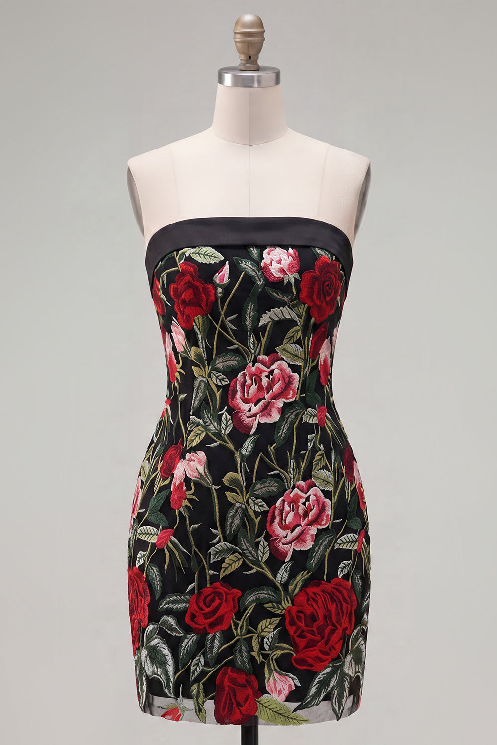 Black Red Flower Tight Short Strapless Homecoming Dress