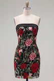 Black Red Flower Tight Short Strapless Homecoming Dress