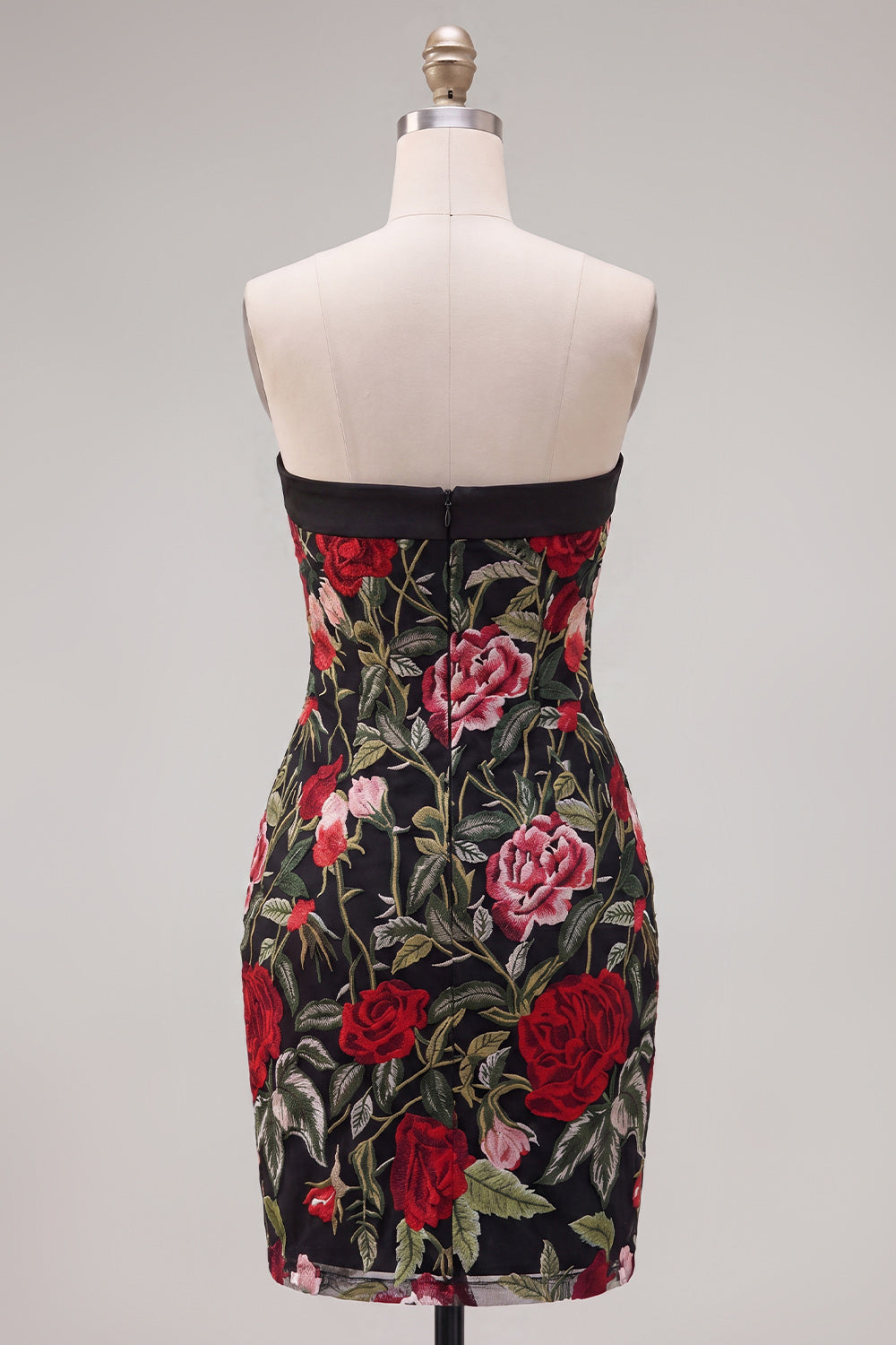Black Red Flower Tight Short Strapless Homecoming Dress