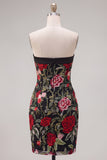 Black Red Flower Tight Short Strapless Homecoming Dress