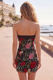 Black Red Flower Tight Short Strapless Homecoming Dress