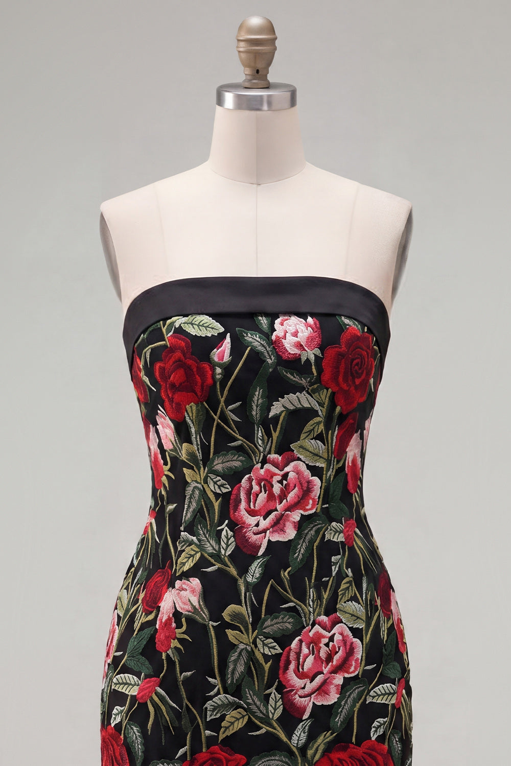 Black Red Flower Tight Short Strapless Homecoming Dress