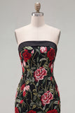Black Red Flower Tight Short Strapless Homecoming Dress