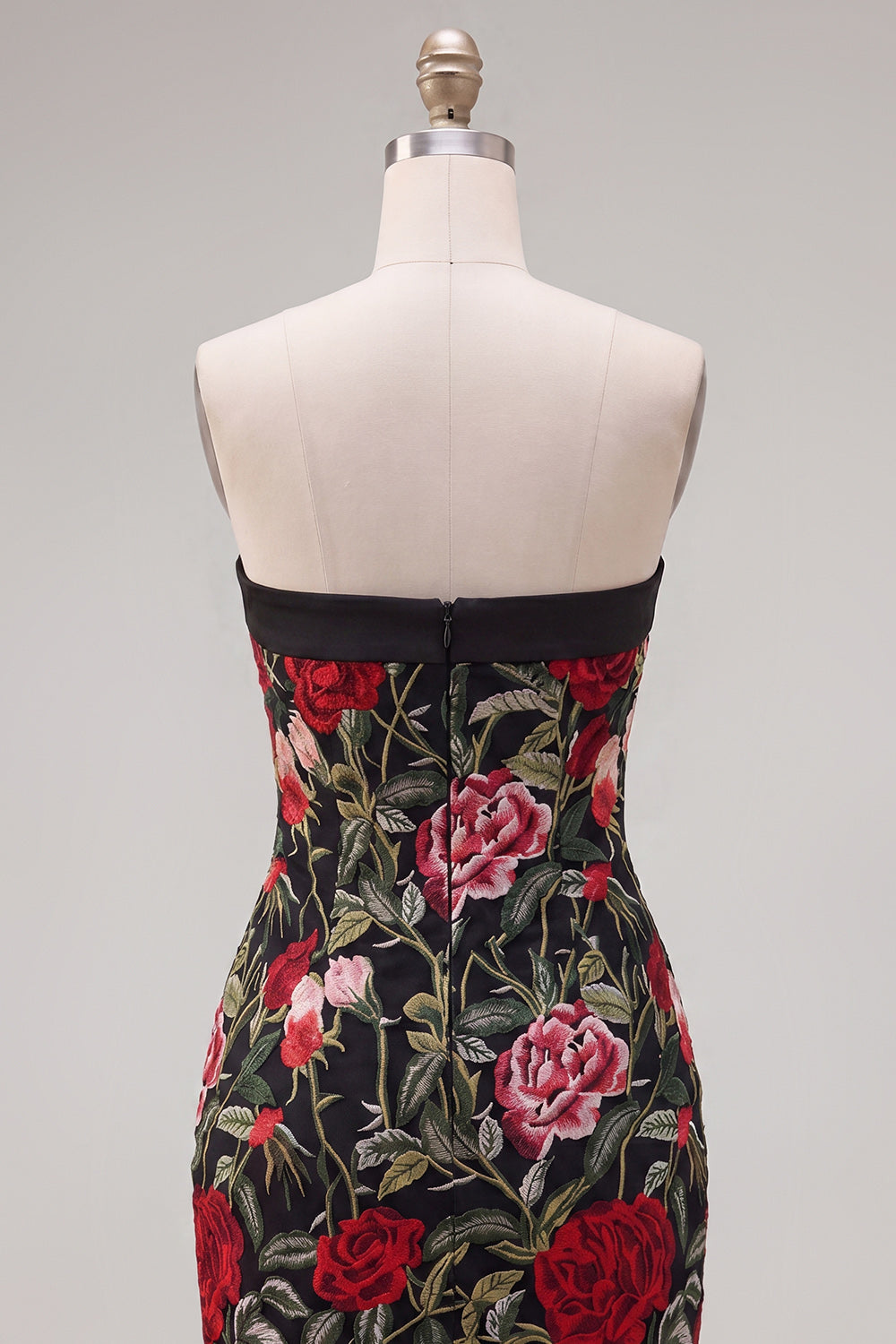 Black Red Flower Tight Short Strapless Homecoming Dress