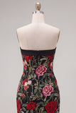 Black Red Flower Tight Short Strapless Homecoming Dress