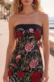 Black Red Flower Tight Short Strapless Homecoming Dress