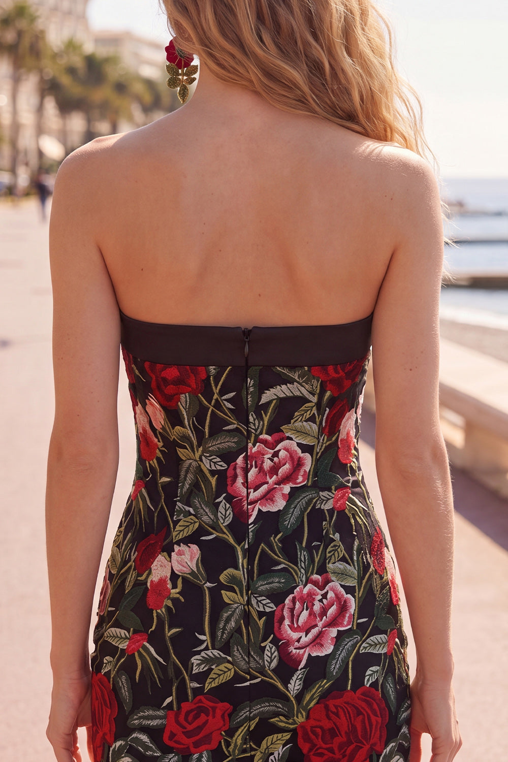 Black Red Flower Tight Short Strapless Homecoming Dress