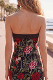 Black Red Flower Tight Short Strapless Homecoming Dress