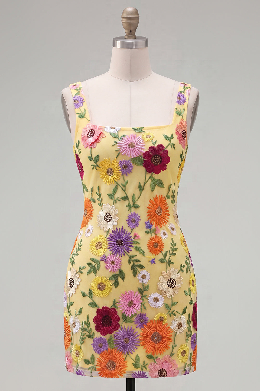 Butter Yellow Floral Tight Short Square Neck Homecoming Dress
