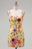 Butter Yellow Floral Tight Short Square Neck Homecoming Dress