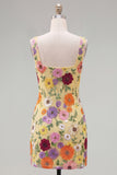 Butter Yellow Floral Tight Short Square Neck Homecoming Dress