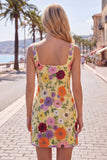 Butter Yellow Floral Tight Short Square Neck Homecoming Dress