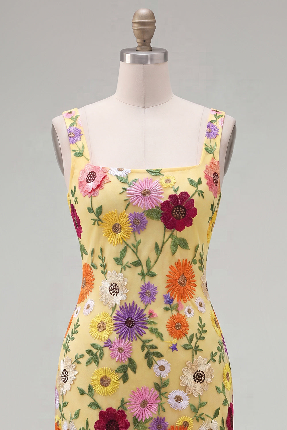 Butter Yellow Floral Tight Short Square Neck Homecoming Dress
