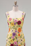 Butter Yellow Floral Tight Short Square Neck Homecoming Dress