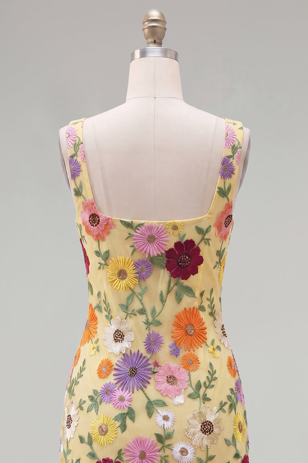 Butter Yellow Floral Tight Short Square Neck Homecoming Dress